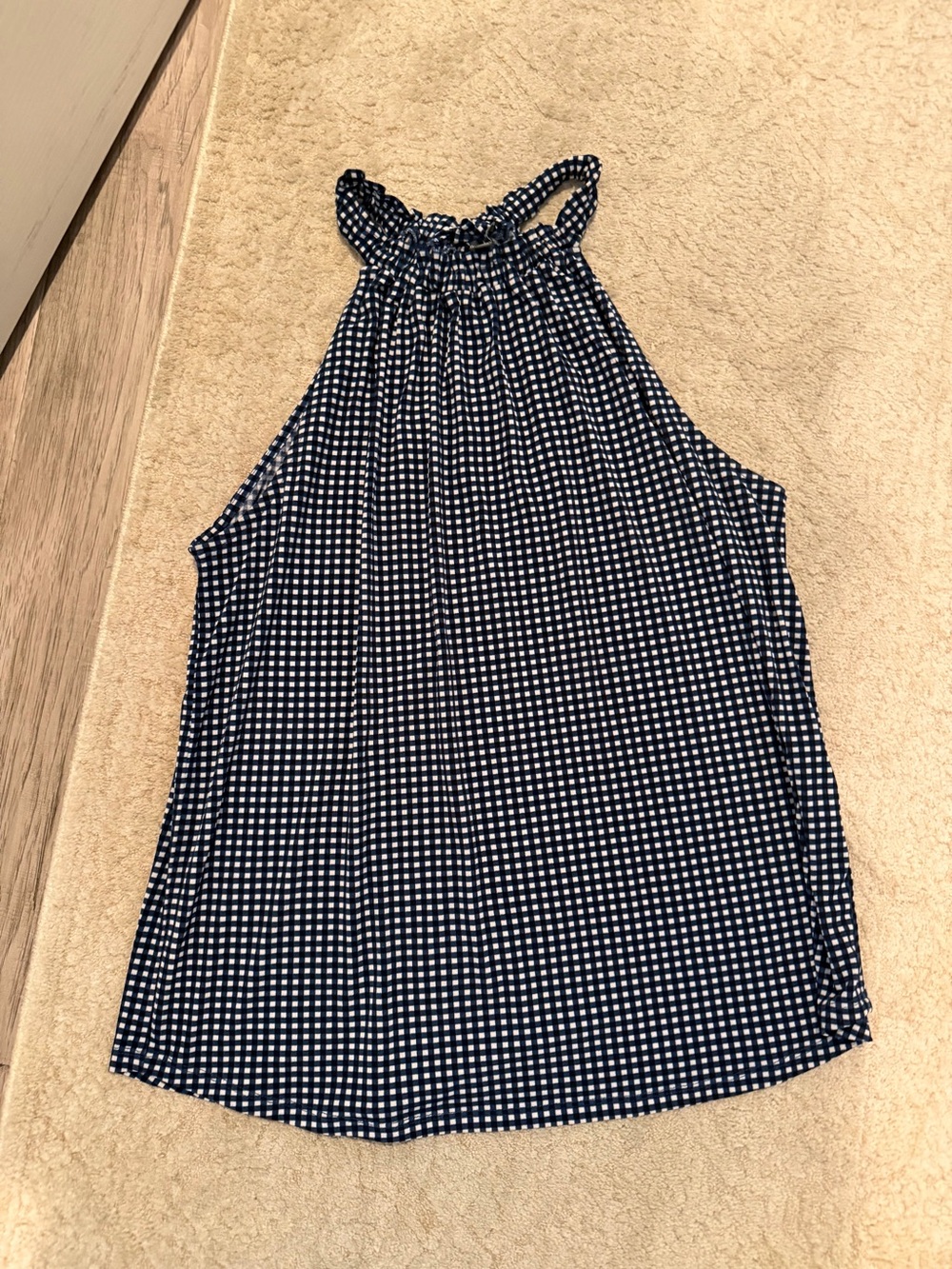 Adrianna Papell Navy and White Gingham Halter Tank L